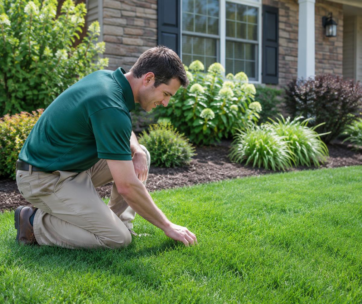 HomeTeam professional inspecting a healthy lawn
