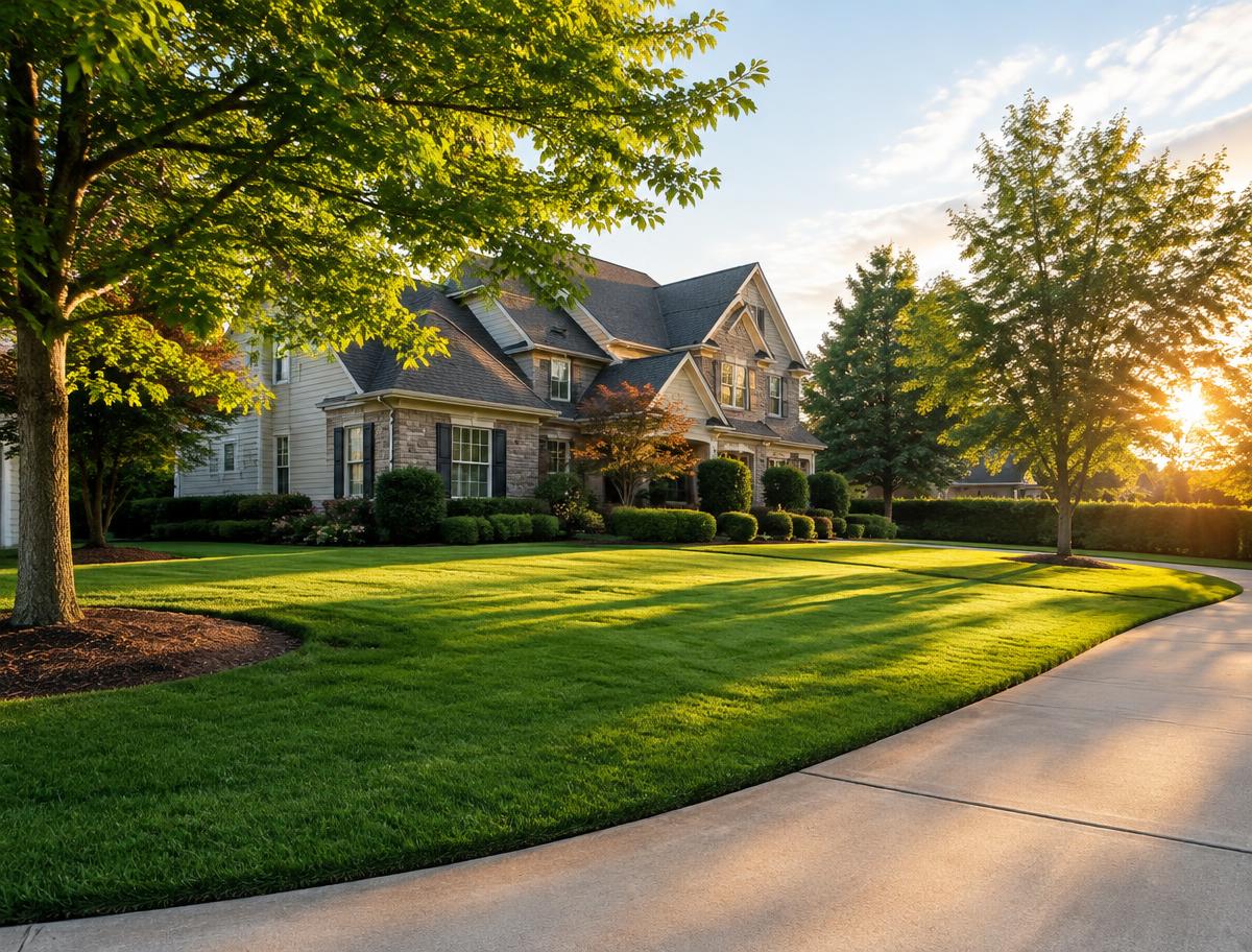 Freshly maintained lawn and landscaped home